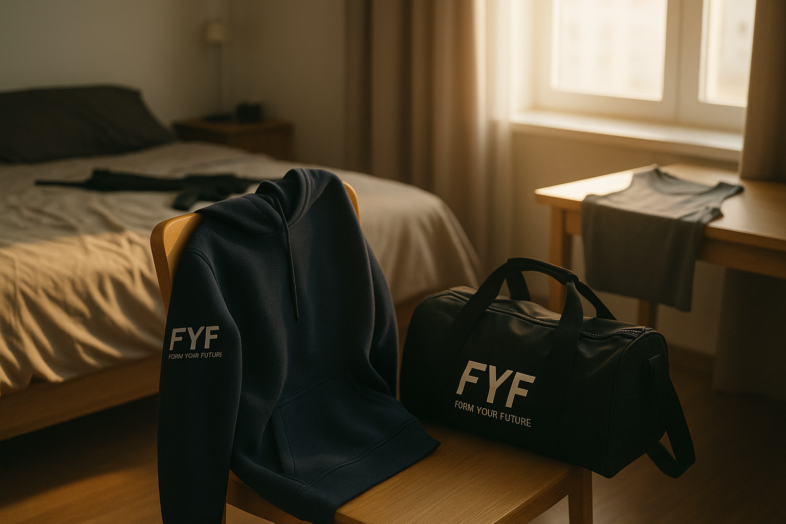 Pokój z bluzą FYF na krześle i czarną torbą treningową z logo FYF